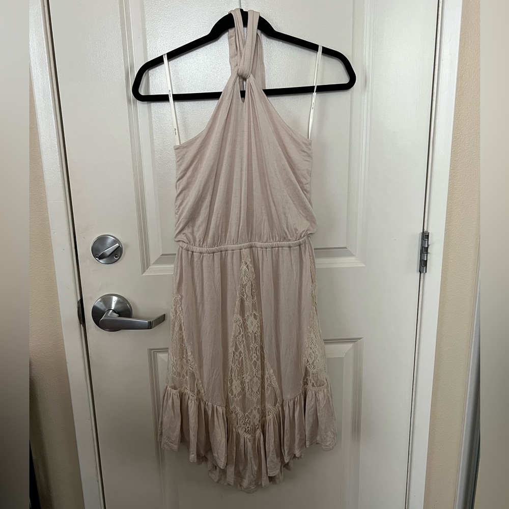 Ella Moss Beige Lace Halter Dress Y2K Vintage Asymmetrical Flowy Elastic Band